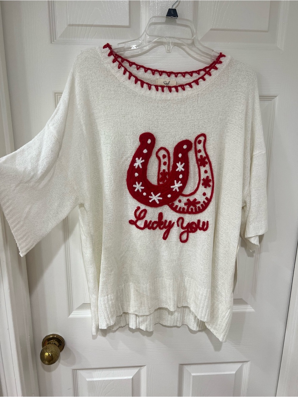 New White Short Sleeve Sweater Top with Red Lucky You Horseshoe & Whipstitch